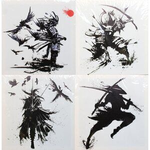 4 JiazuGo White Japanese Samurai Stretched Prints Set Canvas Ink Paintings Splat